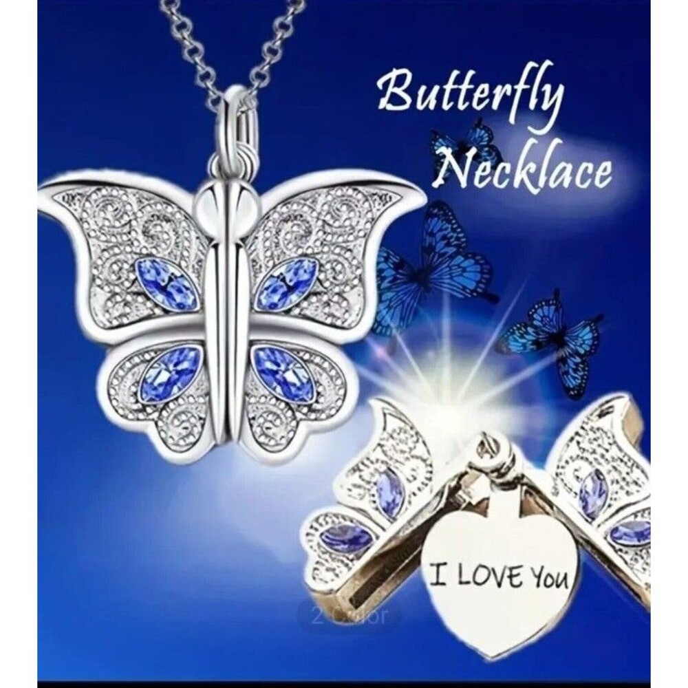 Silver BUTTERFLIES & Sapphire Rhinestones Open to a HEART Pendant